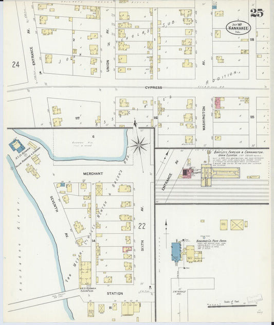 Sanborn Fire Insurance Map from Kankakee, Kankakee County, Illinois (1907), Sheet #0025 - Historic Sanborn Fire Insurance Map Print, vintage old map wall art, antique decor, genealogy gift, Illinois Illinois map