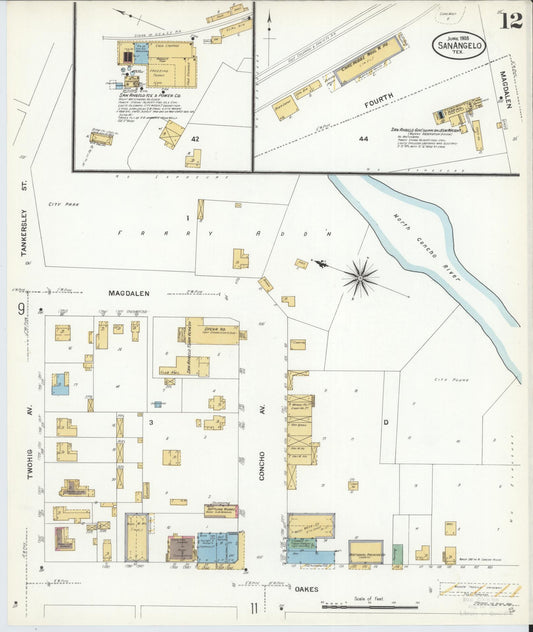 Sanborn Fire Insurance Map from San Angelo, Tom Green County, Texas (1908), Sheet #0012 - Historic Sanborn Fire Insurance Map Print, vintage old map wall art, antique decor, genealogy gift, Texas Texas map