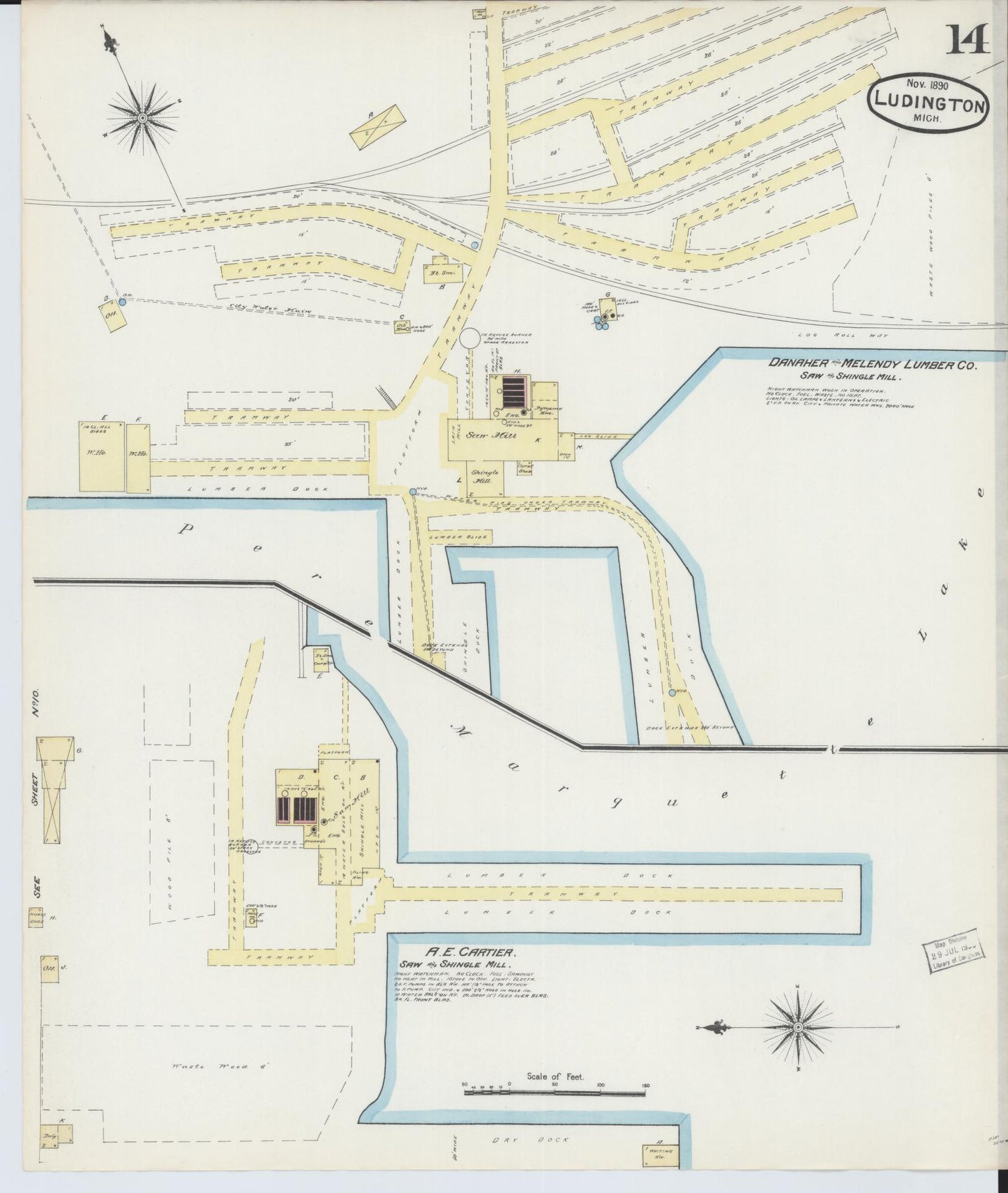 Sanborn Fire Insurance Map from Ludington, Mason County, Michigan (1890), Sheet #0014 - Complete Map Set gallery image, historic Sanborn map, vintage wall art, Michigan Michigan