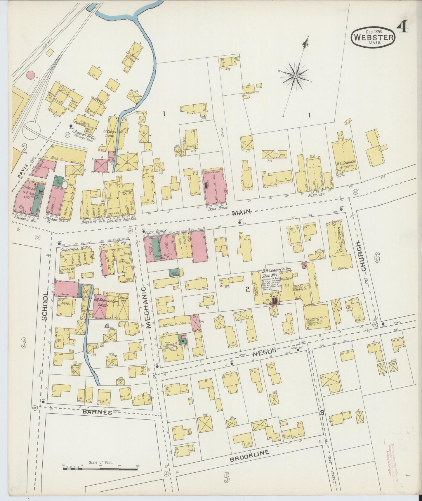 Sanborn Fire Insurance Map from Webster, Worcester County, Massachusetts (1893), Sheet #0004 - Historic Sanborn Fire Insurance Map Print, vintage old map wall art, antique decor, genealogy gift, Massachusetts Massachusetts map