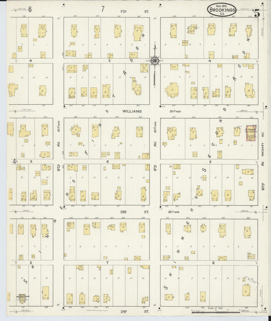 Sanborn Fire Insurance Map from Brookings, Brookings County, South Dakota (1916), Sheet #0005 - Historic Sanborn Fire Insurance Map Print, vintage old map wall art, antique decor, genealogy gift, South Dakota South Dakota map