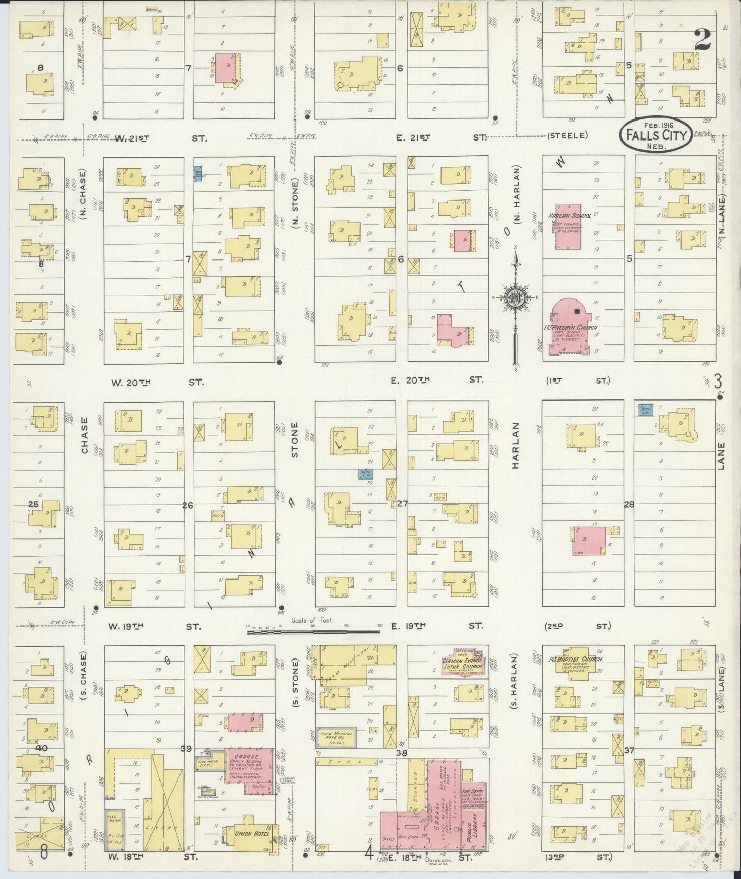 Sanborn Fire Insurance Map from Falls City, Richardson County, Nebraska (1916), Sheet #0002 - Complete Map Set gallery image, historic Sanborn map, vintage wall art, Nebraska Nebraska