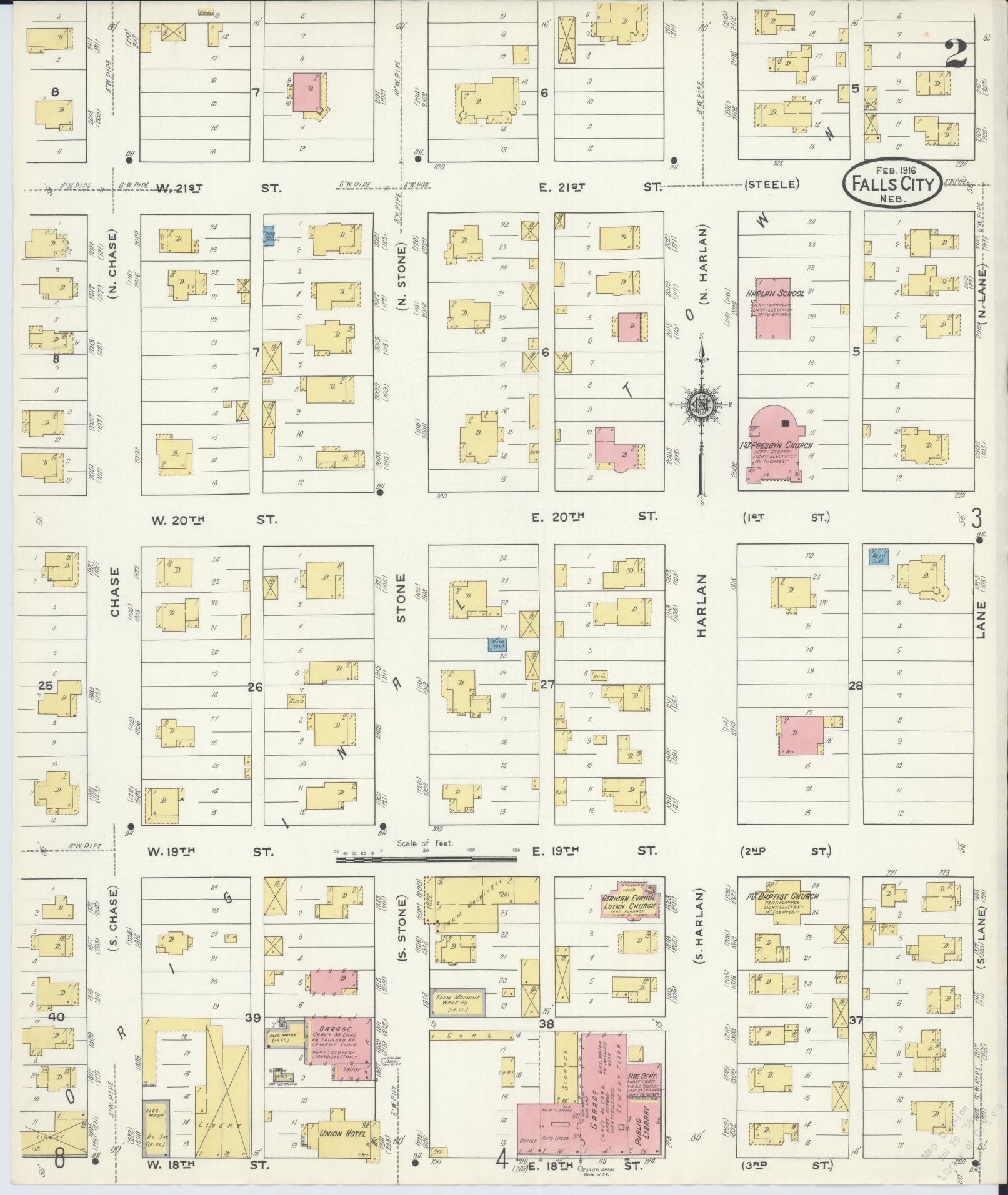 Sanborn Fire Insurance Map from Falls City, Richardson County, Nebraska (1916), Sheet #0002 - Complete Map Set gallery image, historic Sanborn map, vintage wall art, Nebraska Nebraska