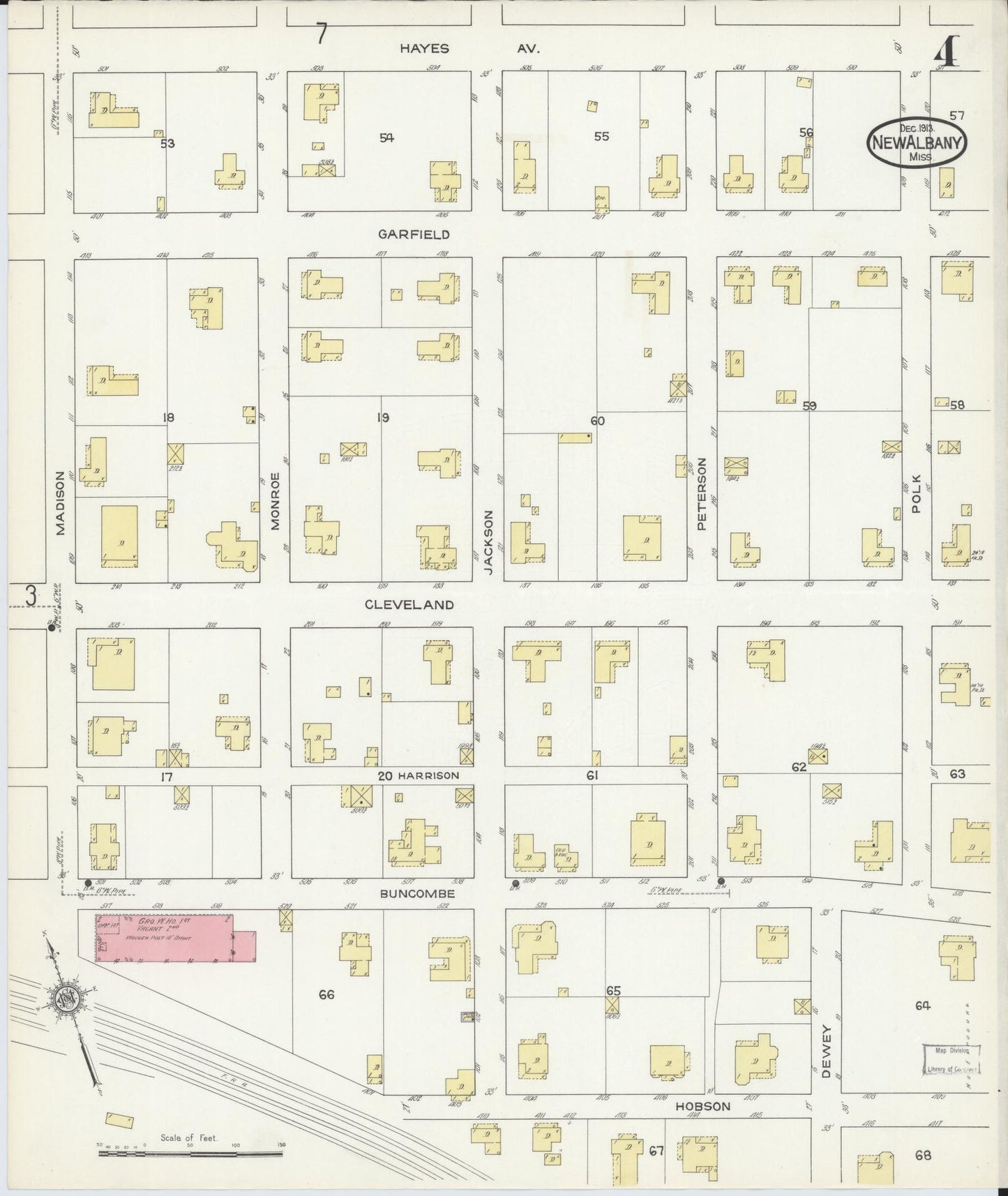 Sanborn Fire Insurance Map from New Albany, Union County, Mississippi (1913), Sheet #0004 - Complete Map Set gallery image, historic Sanborn map, vintage wall art, Mississippi Mississippi