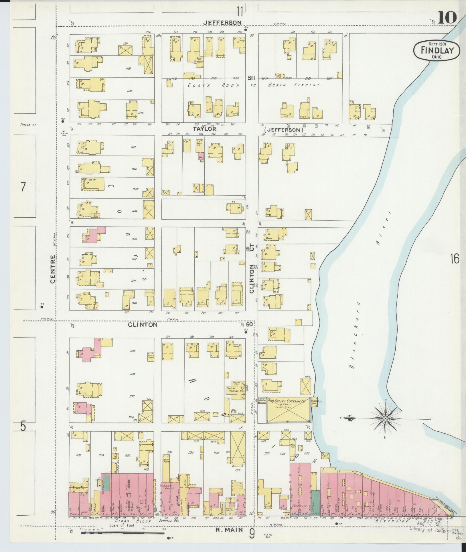 Sanborn Fire Insurance Map from Findlay, Hancock County, Ohio (1901), Sheet #0010 - Historic Sanborn Fire Insurance Map Print, vintage old map wall art, antique decor, genealogy gift, Ohio Ohio map