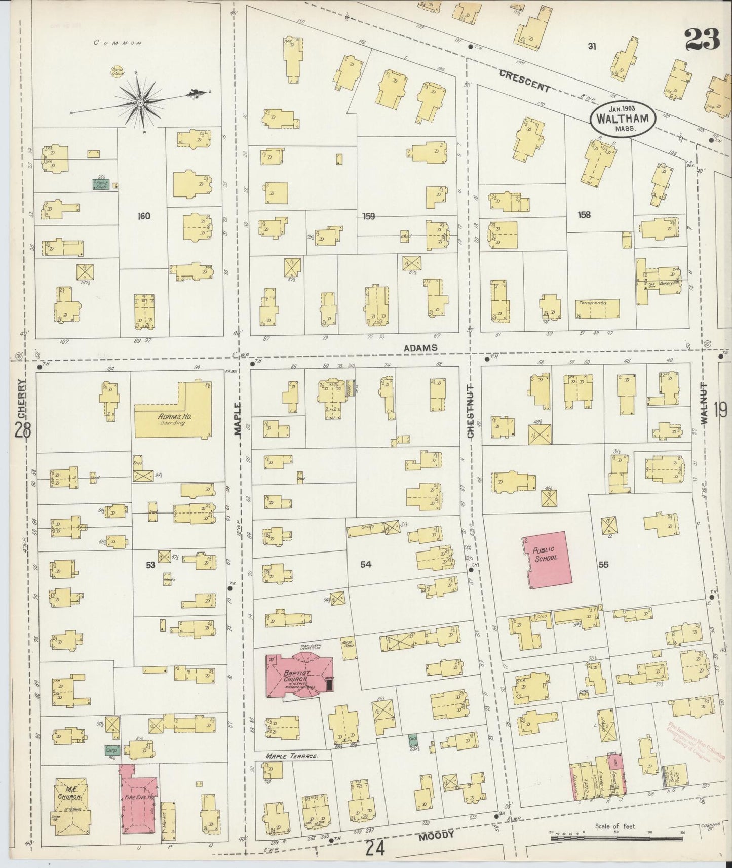 Sanborn Fire Insurance Map from Waltham, Middlesex County, Massachusetts (1903), Sheet #0023 - Complete Map Set gallery image, historic Sanborn map, vintage wall art, Massachusetts Massachusetts