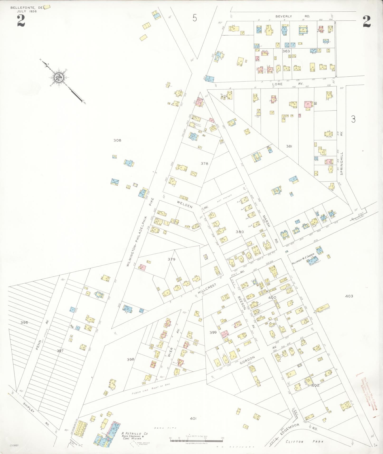 Sanborn Fire Insurance Map from Bellefonte, New Castle County, Delaware (1936), Sheet #0002 - Historic Sanborn Fire Insurance Map Print, vintage old map wall art, antique decor, genealogy gift, Delaware Delaware map