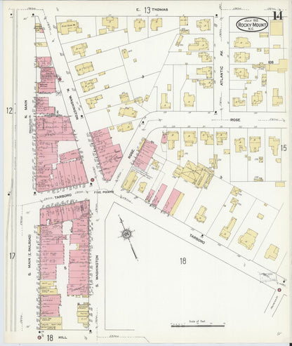 Sanborn Fire Insurance Map from Rocky Mount, Edgecombe And Nash Counties, North Carolina (1912), Sheet #0014 - Historic Sanborn Fire Insurance Map Print, vintage old map wall art, antique decor, genealogy gift, North Carolina North Carolina map