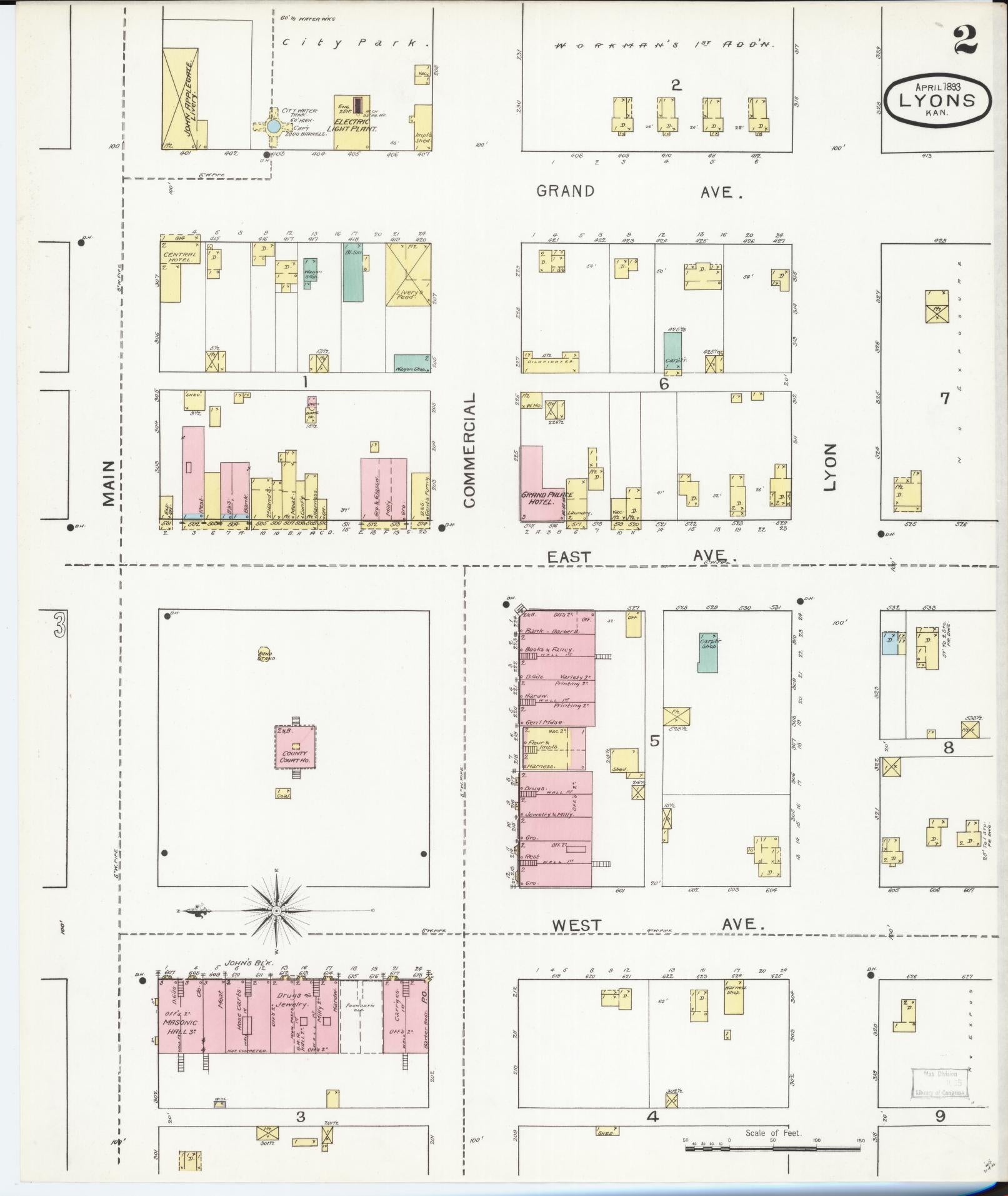 Sanborn Fire Insurance Map from Lyons, Rice County, Kansas (1893), Sheet #0002 - Complete Map Set gallery image, historic Sanborn map, vintage wall art, Kansas Kansas