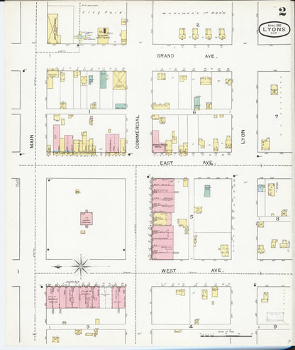 Sanborn Fire Insurance Map from Lyons, Rice County, Kansas (1893), Sheet #0002 - Complete Map Set gallery image, historic Sanborn map, vintage wall art, Kansas Kansas