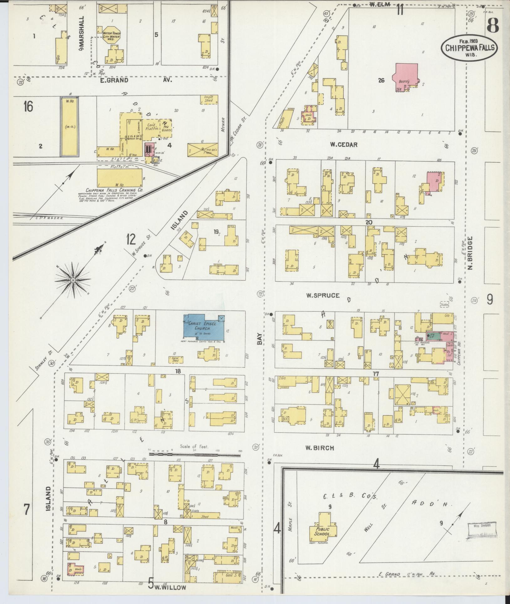 Sanborn Fire Insurance Map from Chippewa Falls, Chippewa County, Wisconsin (1903), Sheet #0008 - Historic Sanborn Fire Insurance Map Print, vintage old map wall art, antique decor, genealogy gift, Wisconsin Wisconsin map