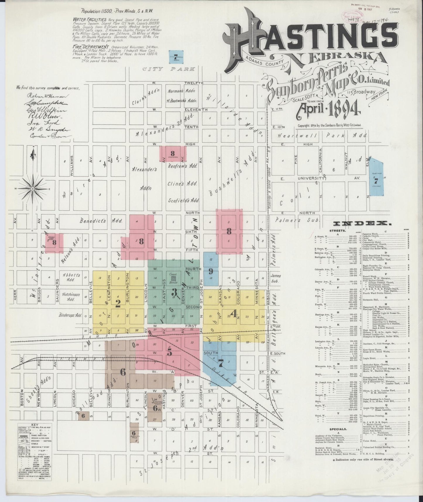 Sanborn Fire Insurance Map from Hastings, Adams County, Nebraska (1894), Sheet #0001 - Complete Map Set gallery image, historic Sanborn map, vintage wall art, Nebraska Nebraska