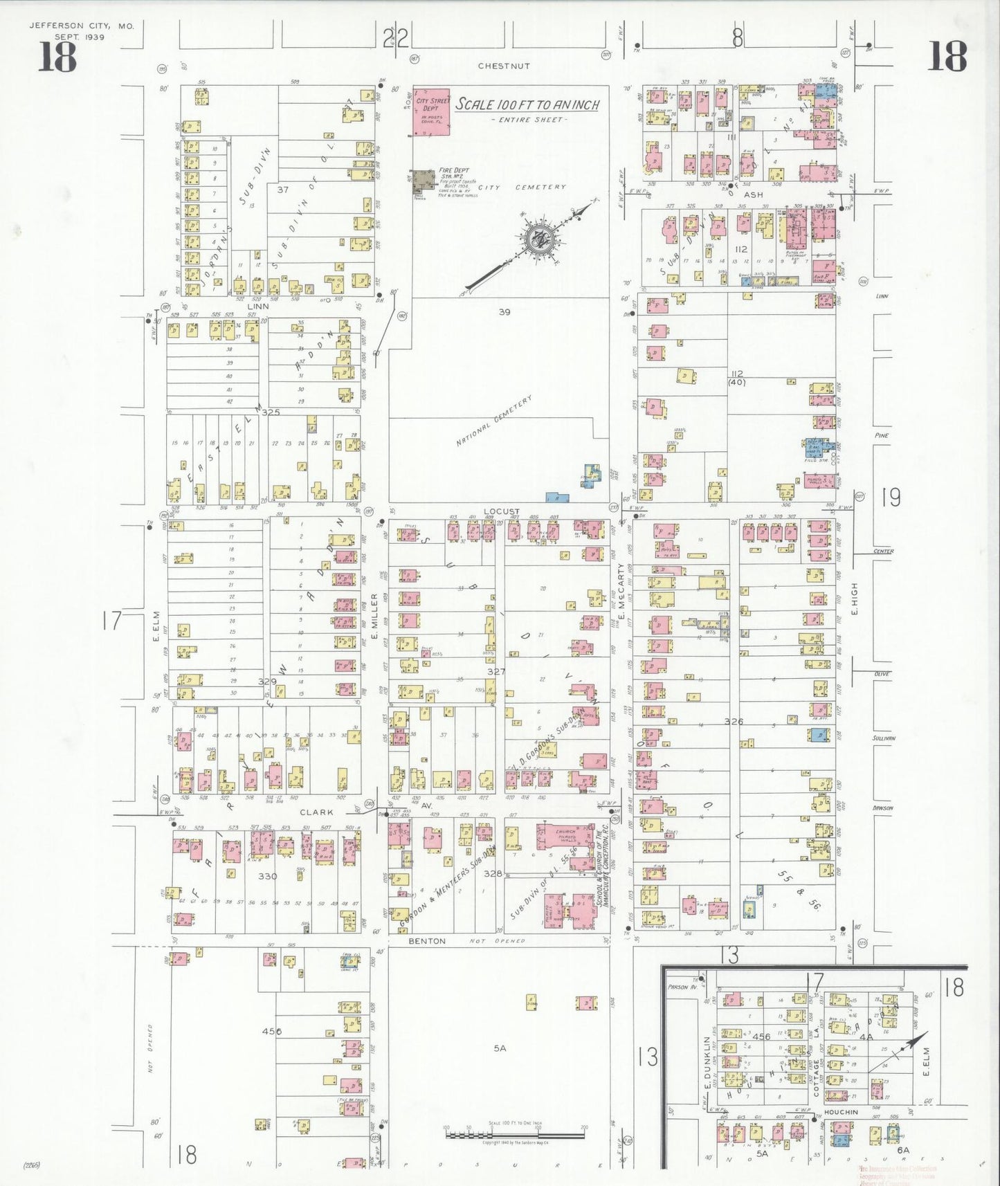 Sanborn Fire Insurance Map from Jefferson City, Cole County, Missouri (1939), Sheet #0018 - Historic Sanborn Fire Insurance Map Print, vintage old map wall art, antique decor, genealogy gift, Missouri Missouri map