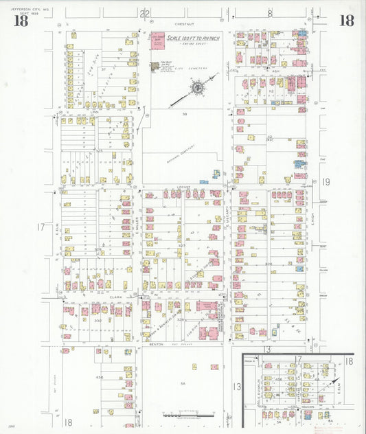 Sanborn Fire Insurance Map from Jefferson City, Cole County, Missouri (1939), Sheet #0018 - Historic Sanborn Fire Insurance Map Print, vintage old map wall art, antique decor, genealogy gift, Missouri Missouri map
