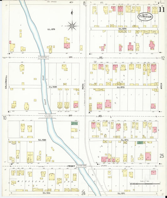 Sanborn Fire Insurance Map from Fort Madison, Lee County, Iowa (1907), Sheet #0011 - Historic Sanborn Fire Insurance Map Print, vintage old map wall art