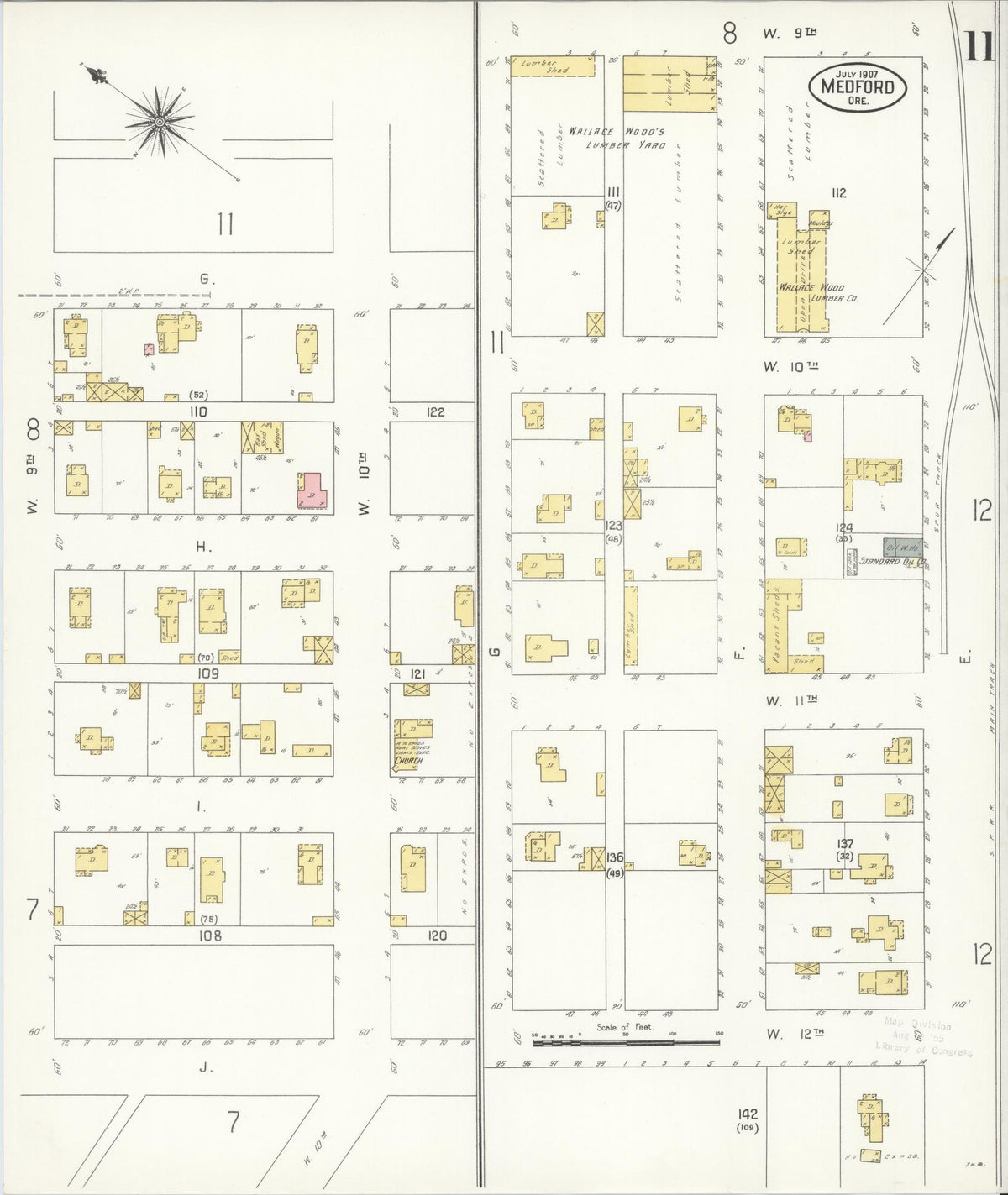 Sanborn Fire Insurance Map from Medford, Jackson County, Oregon (1907), Sheet #0011 - Historic Sanborn Fire Insurance Map Print, vintage old map wall art, antique decor, genealogy gift, Oregon Oregon map