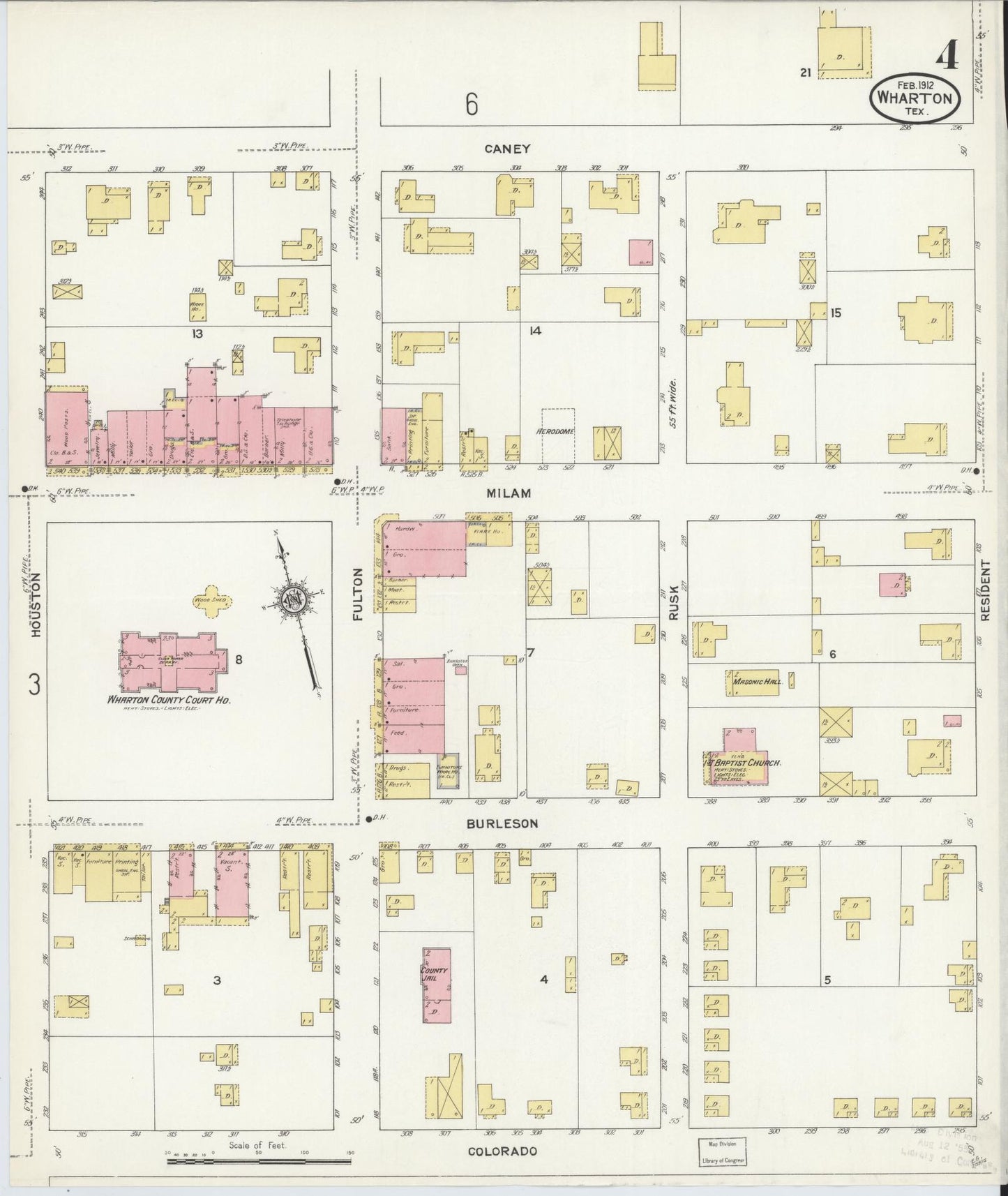 Sanborn Fire Insurance Map from Wharton, Wharton County, Texas (1912), Sheet #0005 - Historic Sanborn Fire Insurance Map Print, vintage old map wall art, antique decor, genealogy gift, Texas Texas map
