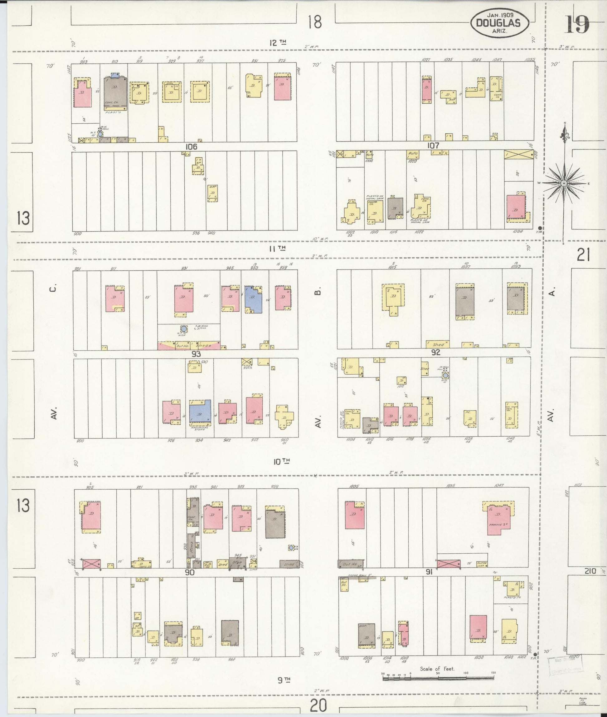 Sanborn Fire Insurance Map from Douglas, Cochise County, Arizona (1909), Sheet #0019 - Complete Map Set gallery image, historic Sanborn map, vintage wall art, Arizona Arizona