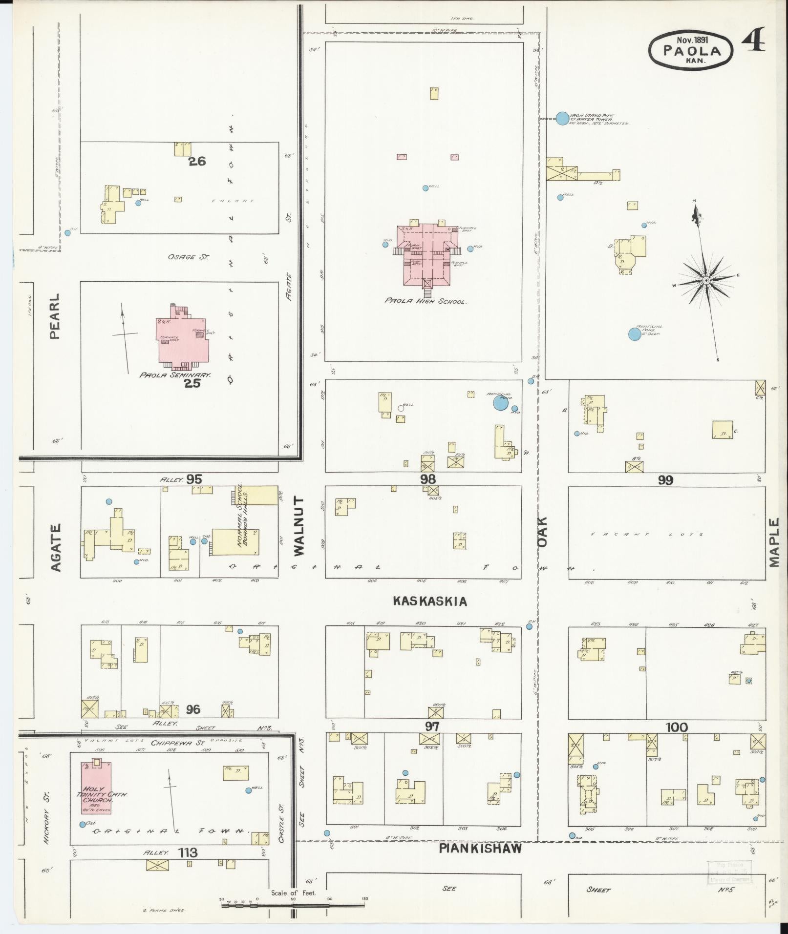 Sanborn Fire Insurance Map from Paola, Miami County, Kansas (1891), Sheet #0004 - Complete Map Set gallery image, historic Sanborn map, vintage wall art, Kansas Kansas