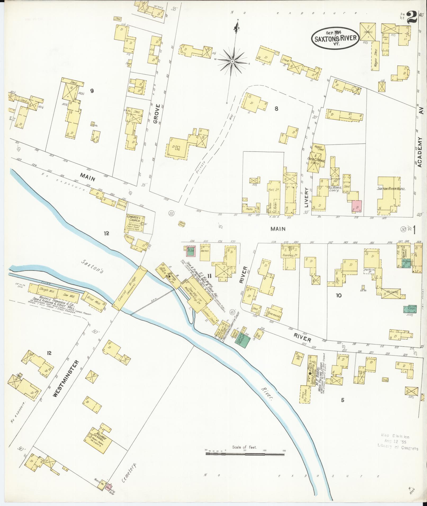 Sanborn Fire Insurance Map from Saxton's River, Windham County, Vermont (1904), Sheet #0002 - Complete Map Set gallery image, historic Sanborn map, vintage wall art, Vermont Vermont