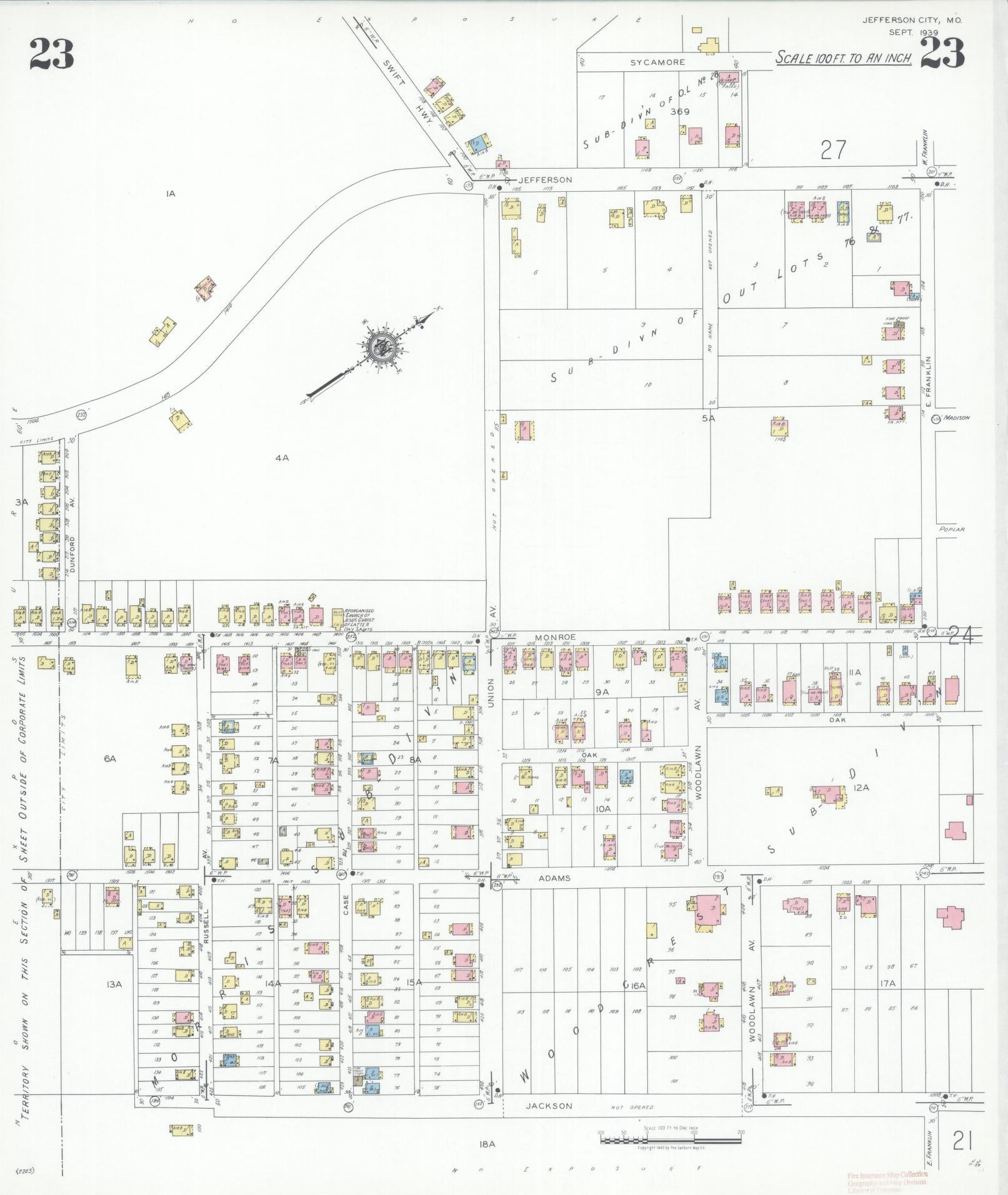 Sanborn Fire Insurance Map from Jefferson City, Cole County, Missouri (1939), Sheet #0023 - Complete Map Set gallery image, historic Sanborn map, vintage wall art, Missouri Missouri