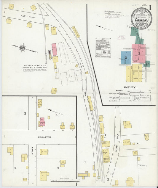 Sanborn Fire Insurance Map from Pickens, Pickens County, South Carolina (1911), Sheet #0001 - Historic Sanborn Fire Insurance Map Print, vintage old map wall art, antique decor, genealogy gift, South Carolina South Carolina map