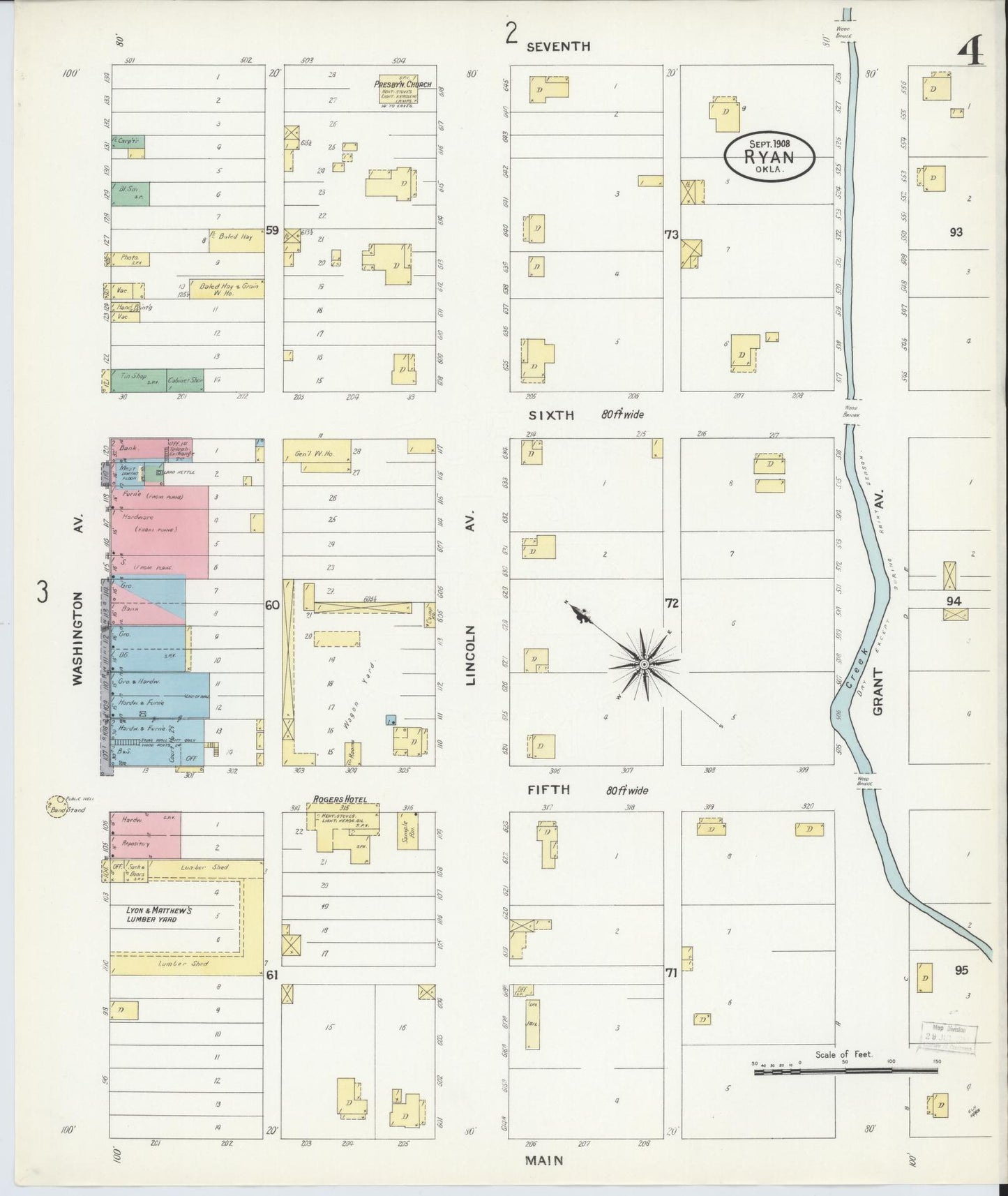 Sanborn Fire Insurance Map from Ryan, Jefferson County, Oklahoma (1908), Sheet #0004 - Historic Sanborn Fire Insurance Map Print, vintage old map wall art, antique decor, genealogy gift, Oklahoma Oklahoma map