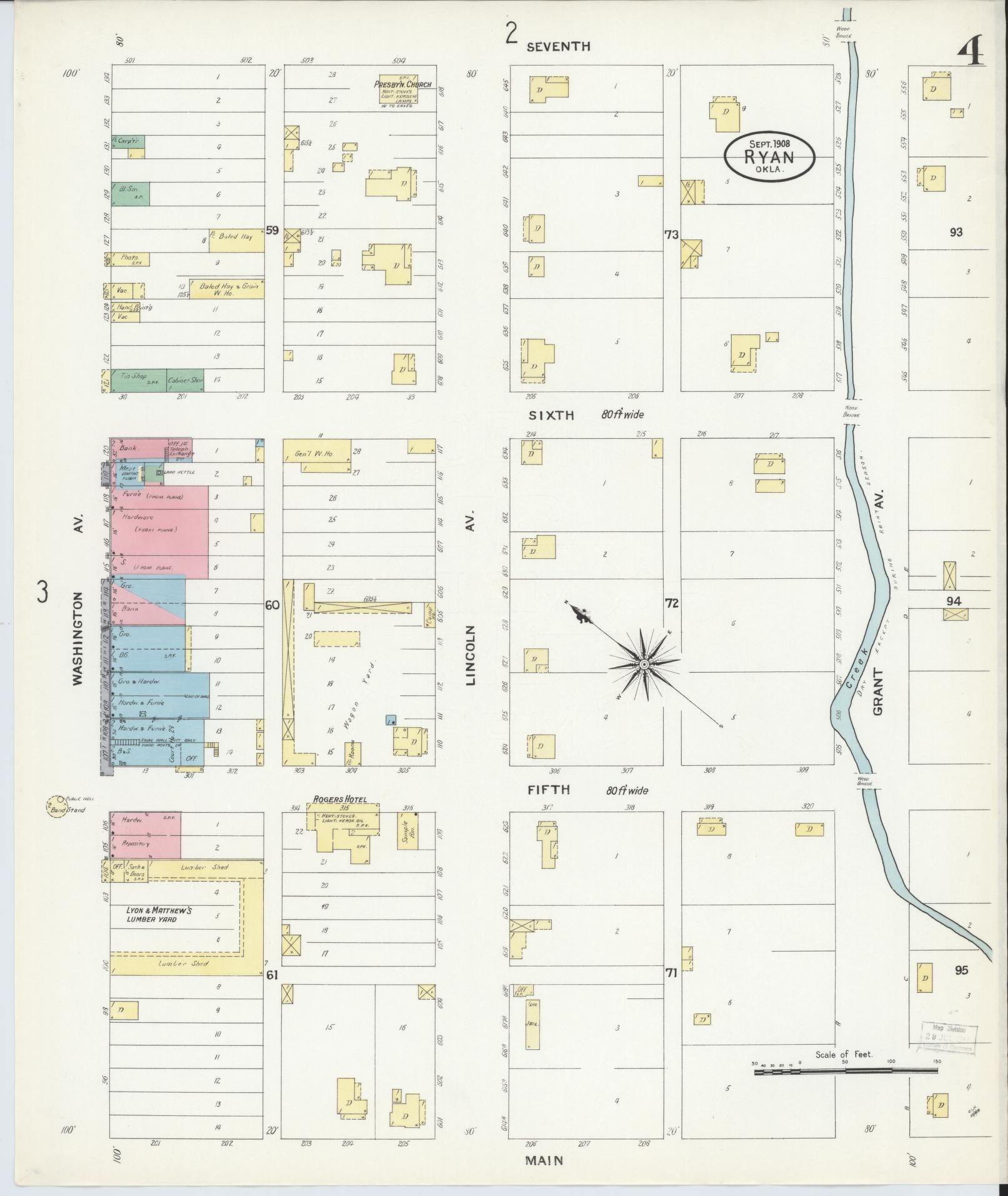 Sanborn Fire Insurance Map from Ryan, Jefferson County, Oklahoma (1908), Sheet #0004 - Historic Sanborn Fire Insurance Map Print, vintage old map wall art, antique decor, genealogy gift, Oklahoma Oklahoma map