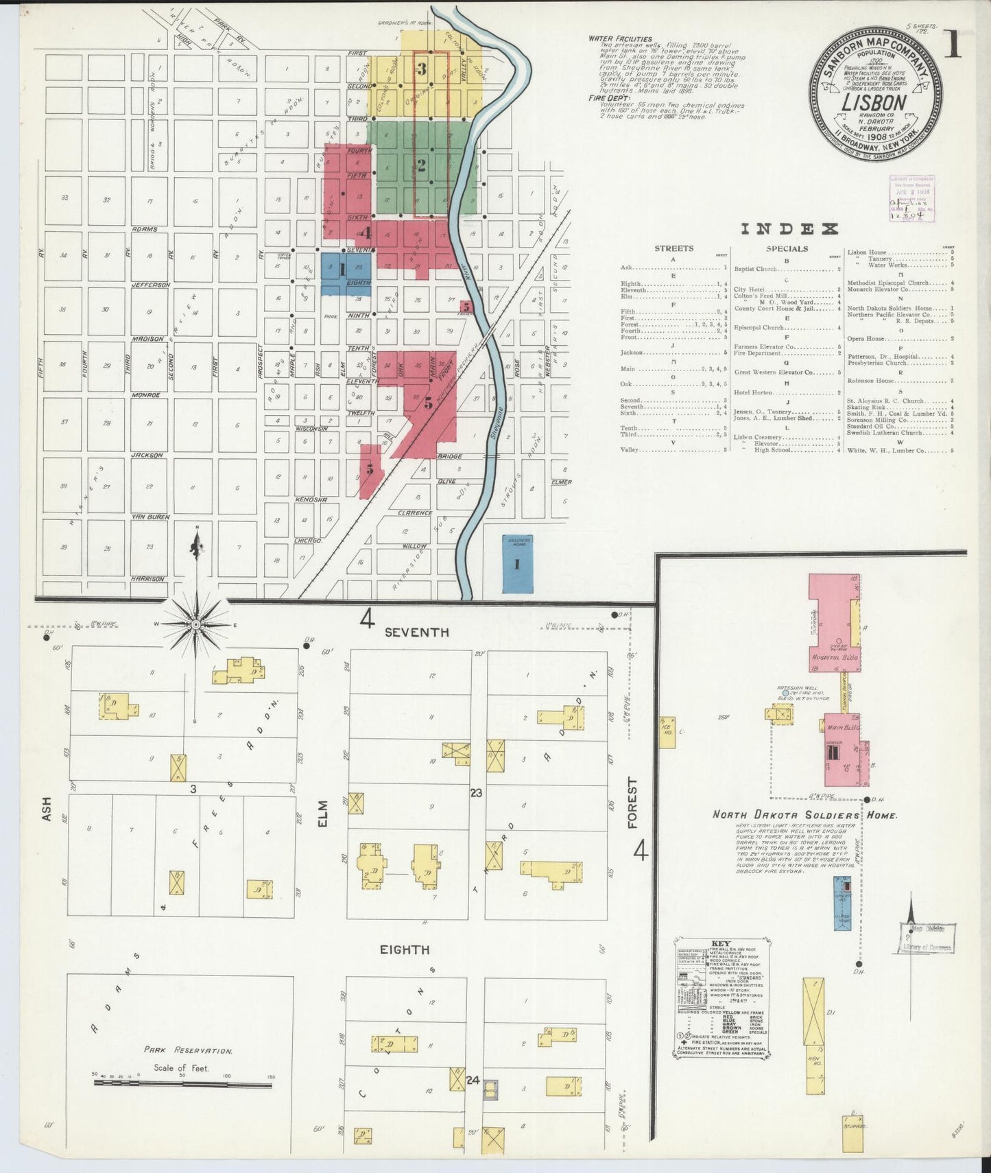 Sanborn Fire Insurance Map from Lisbon, Ransom County, North Dakota (1908), Sheet #0001 - Complete Map Set gallery image, historic Sanborn map, vintage wall art, North Dakota North Dakota