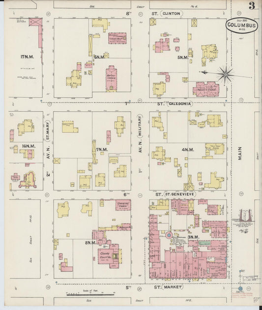 Sanborn Fire Insurance Map from Columbus, Lowndes County, Mississippi (1890), Sheet #0003 - Historic Sanborn Fire Insurance Map Print, vintage old map wall art, antique decor, genealogy gift, Mississippi Mississippi map