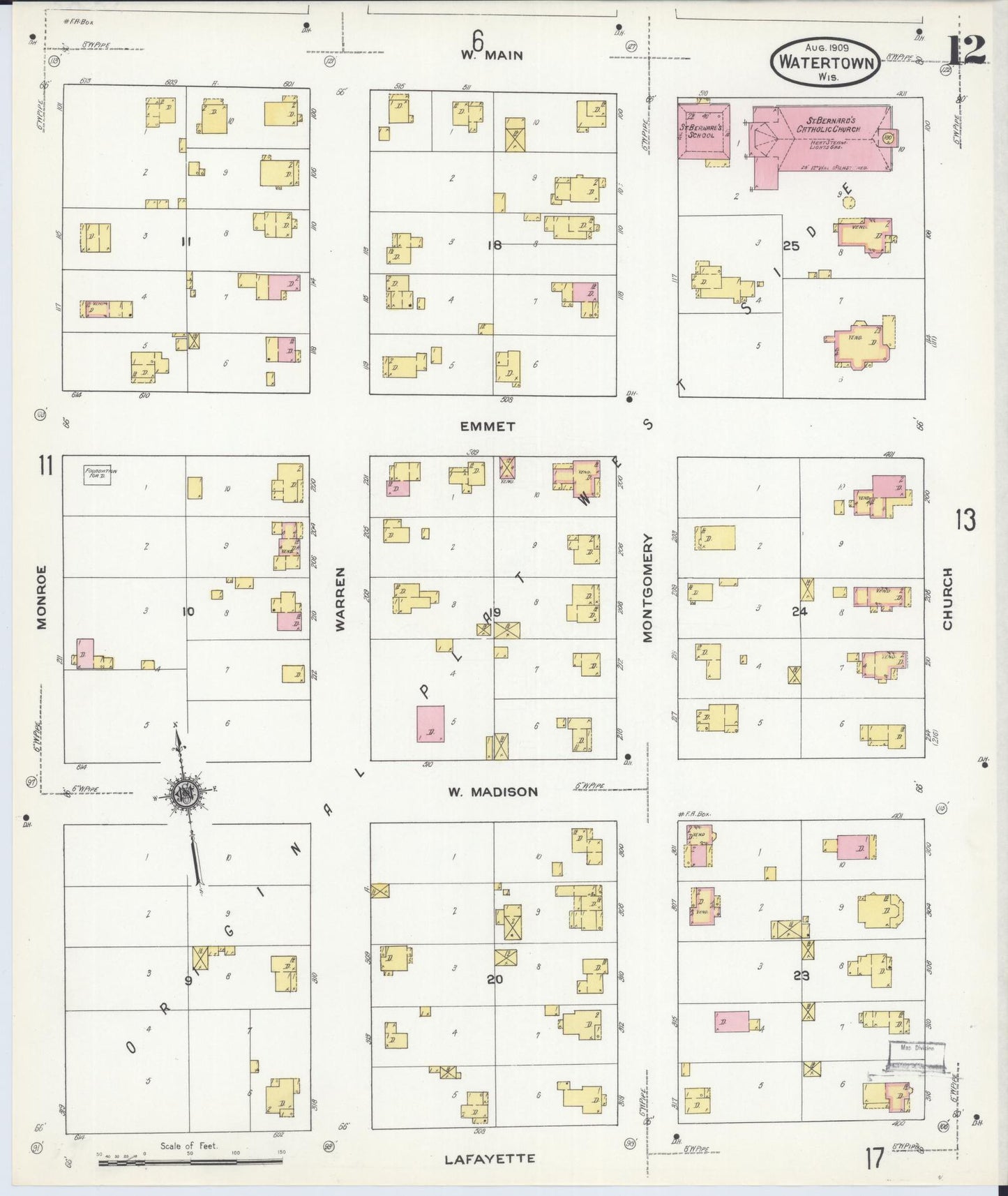 Sanborn Fire Insurance Map from Watertown, Jefferson County, Wisconsin (1909), Sheet #0012 - Historic Sanborn Fire Insurance Map Print, vintage old map wall art, antique decor, genealogy gift, Wisconsin Wisconsin map