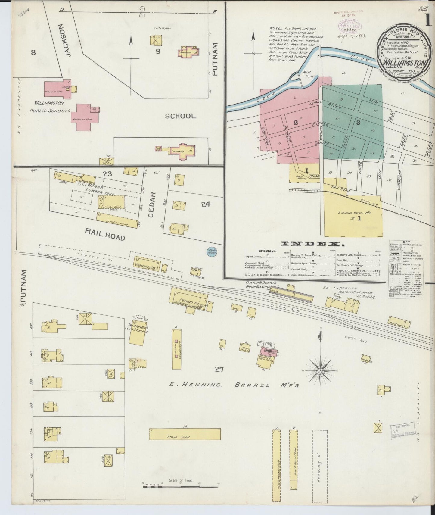 Sanborn Fire Insurance Map from Williamston, Ingham County, Michigan (1893), Sheet #0001 - Historic Sanborn Fire Insurance Map Print, vintage old map wall art, antique decor, genealogy gift, Michigan Michigan map