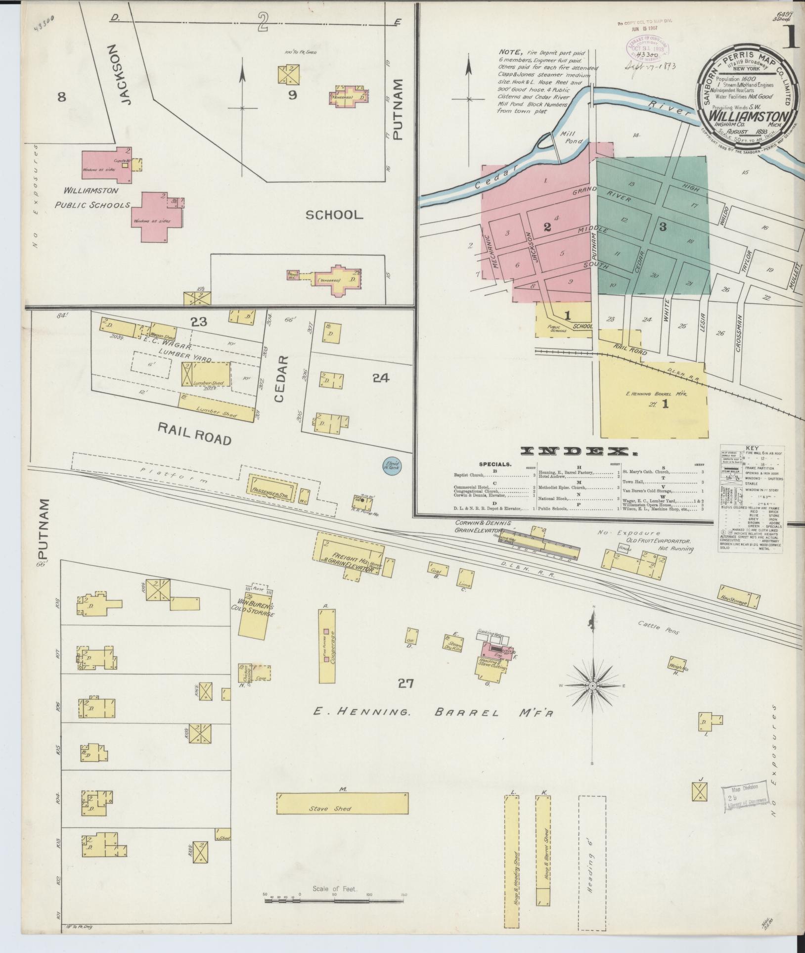 Sanborn Fire Insurance Map from Williamston, Ingham County, Michigan (1893), Sheet #0001 - Historic Sanborn Fire Insurance Map Print, vintage old map wall art, antique decor, genealogy gift, Michigan Michigan map