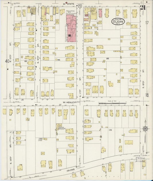 Sanborn Fire Insurance Map from Olean, Cattaraugus County, New York (1915), Sheet #0021 - Historic Sanborn Fire Insurance Map Print, vintage old map wall art, antique decor, genealogy gift, New York New York map