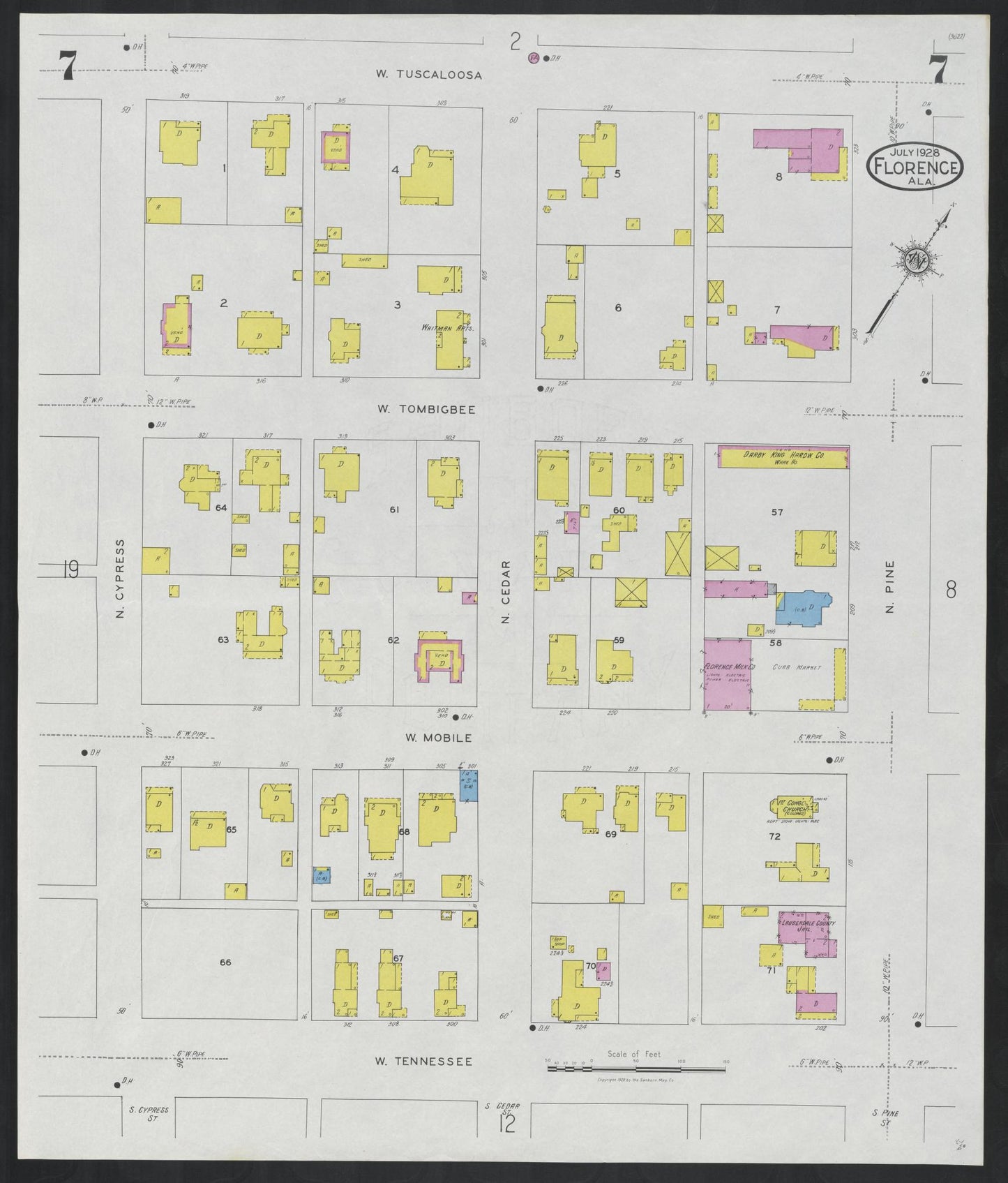 Sanborn Fire Insurance Map from Florence, Lauderdale County, Alabama (1928), Sheet #0007 - Historic Sanborn Fire Insurance Map Print, vintage old map wall art, antique decor, genealogy gift, Alabama Alabama map
