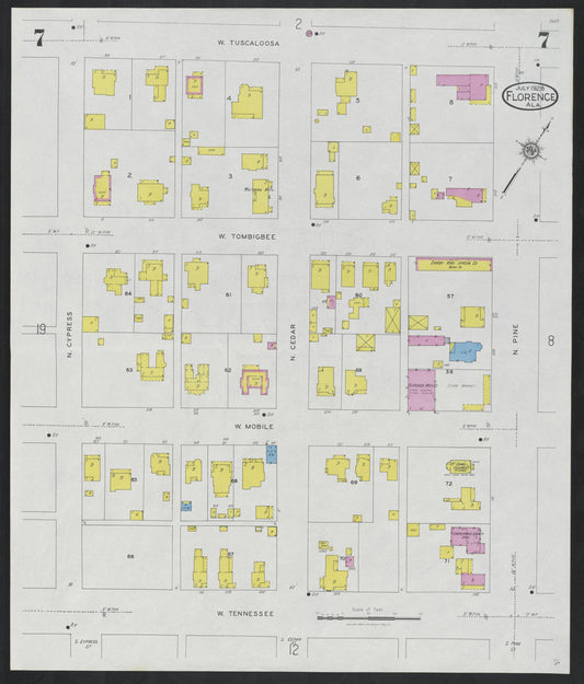 Sanborn Fire Insurance Map from Florence, Lauderdale County, Alabama (1928), Sheet #0007 - Historic Sanborn Fire Insurance Map Print, vintage old map wall art, antique decor, genealogy gift, Alabama Alabama map