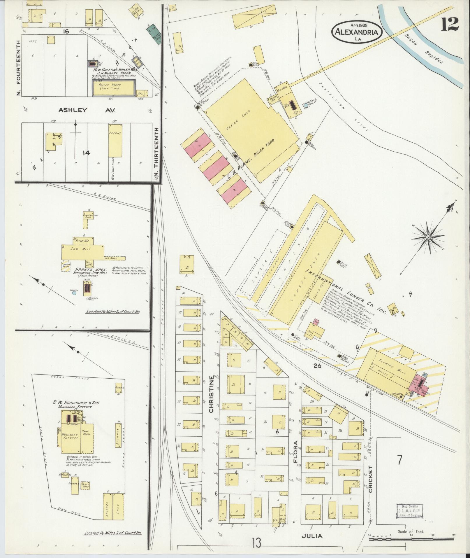 Sanborn Fire Insurance Map from Alexandria, Rapides Parish, Louisiana (1909), Sheet #0012 - Historic Sanborn Fire Insurance Map Print, vintage old map wall art, antique decor, genealogy gift, Louisiana Louisiana map