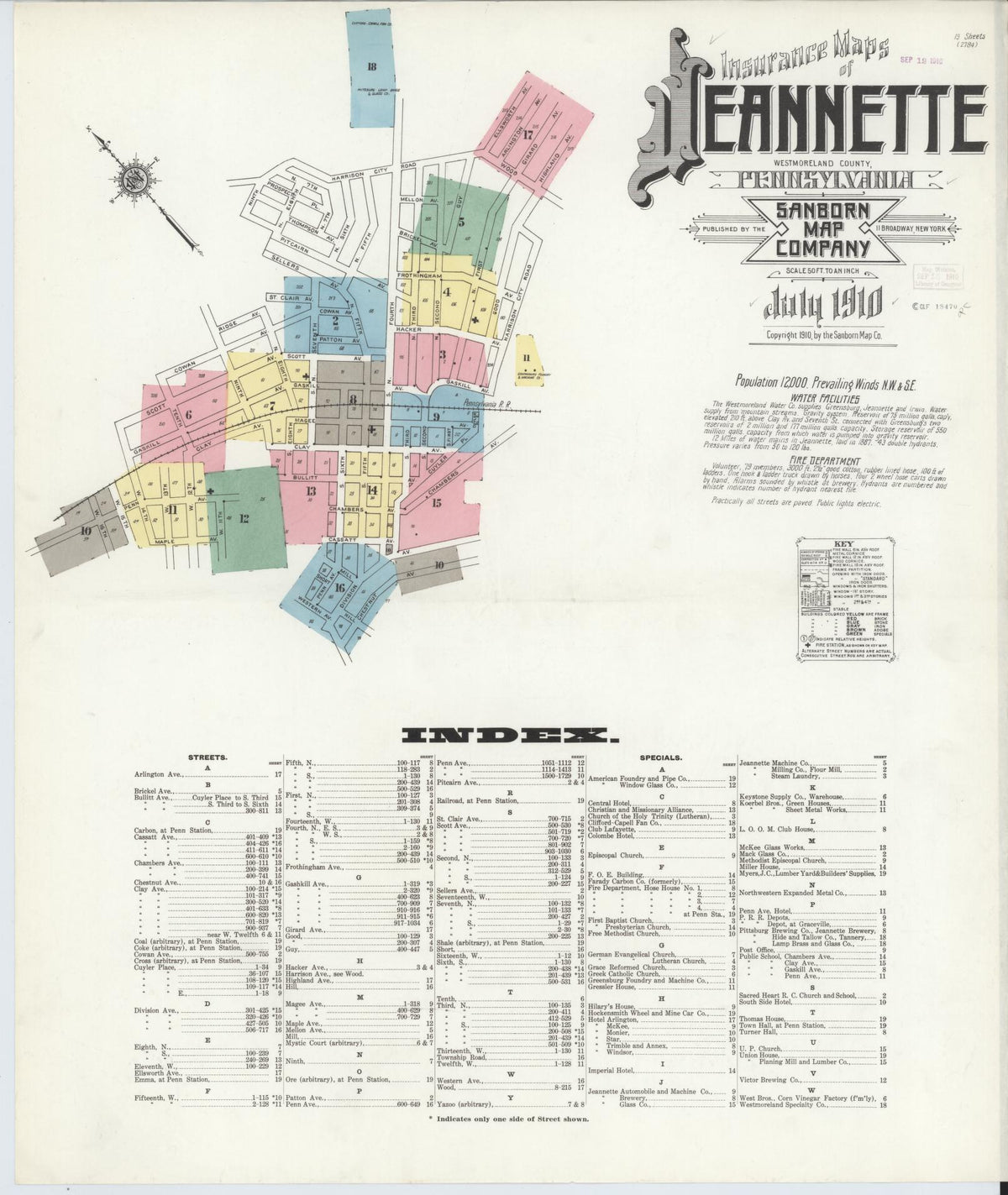 Sanborn Fire Insurance Map from Jeannette, Westmoreland County, Pennsylvania (1910), Sheet #0001 - Historic Sanborn Fire Insurance Map Print, vintage old map wall art, antique decor, genealogy gift, Pennsylvania Pennsylvania map