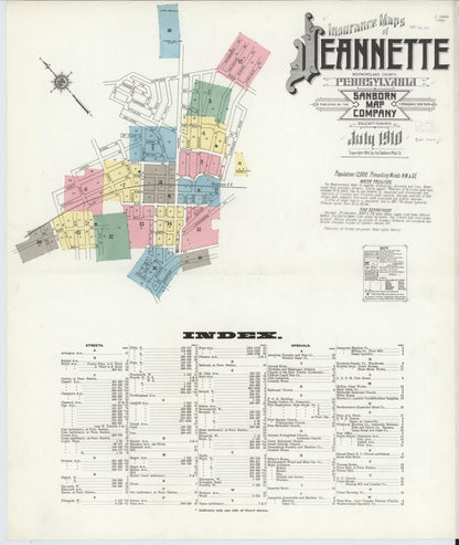Sanborn Fire Insurance Map from Jeannette, Westmoreland County, Pennsylvania (1910), Sheet #0001 - Historic Sanborn Fire Insurance Map Print, vintage old map wall art, antique decor, genealogy gift, Pennsylvania Pennsylvania map
