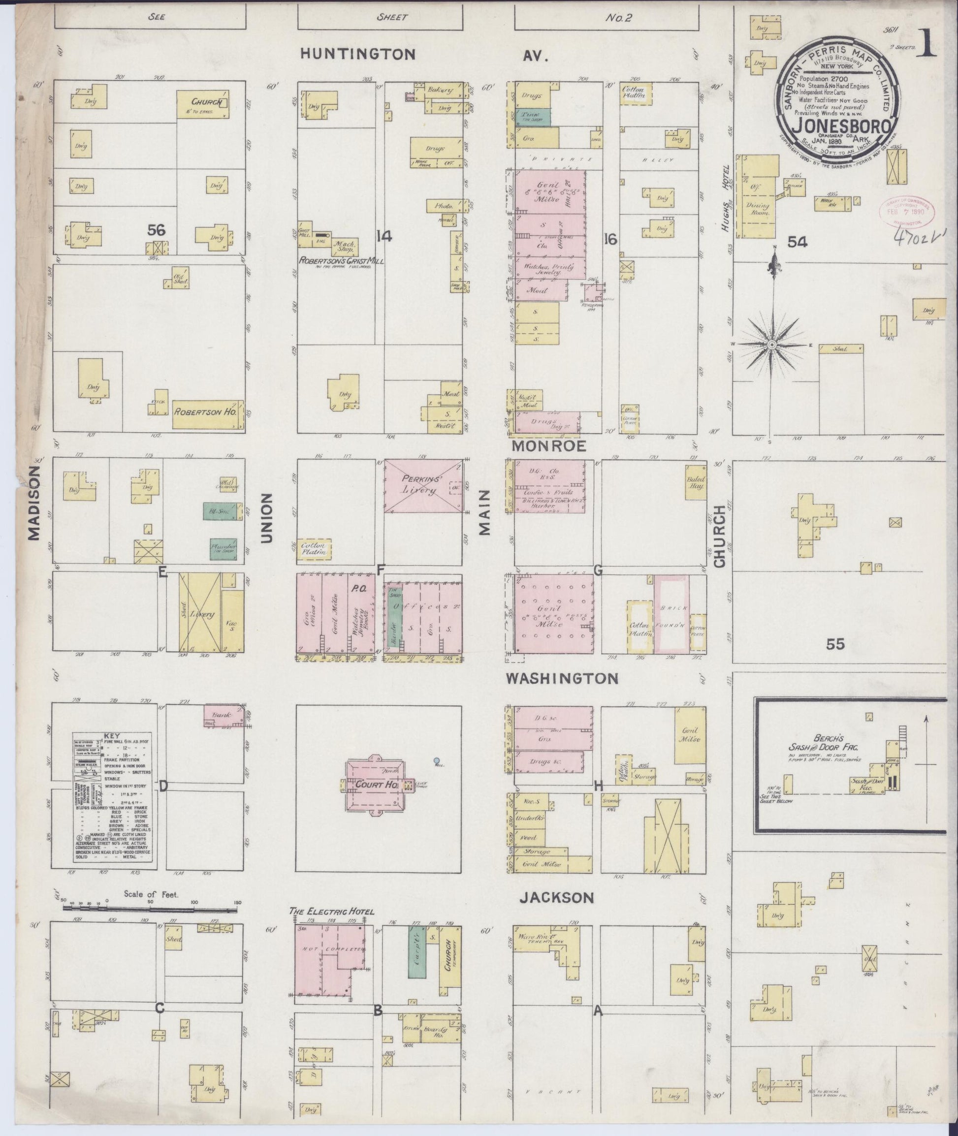 Sanborn Fire Insurance Map from Jonesboro, Craighead County, Arkansas (1890), Sheet #0001 - Historic Sanborn Fire Insurance Map Print, vintage old map wall art, antique decor, genealogy gift, Arkansas Arkansas map