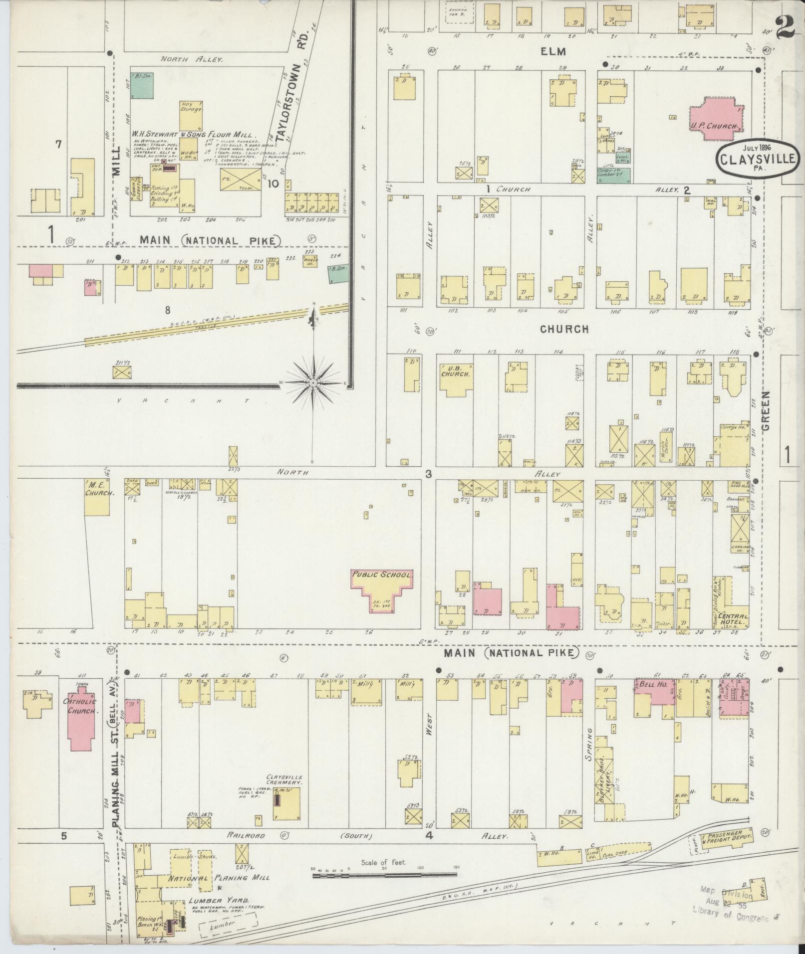 Sanborn Fire Insurance Map from Claysville, Washington County, Pennsylvania (1896), Sheet #0002 - Historic Sanborn Fire Insurance Map Print, vintage old map wall art, antique decor, genealogy gift, Pennsylvania Pennsylvania map