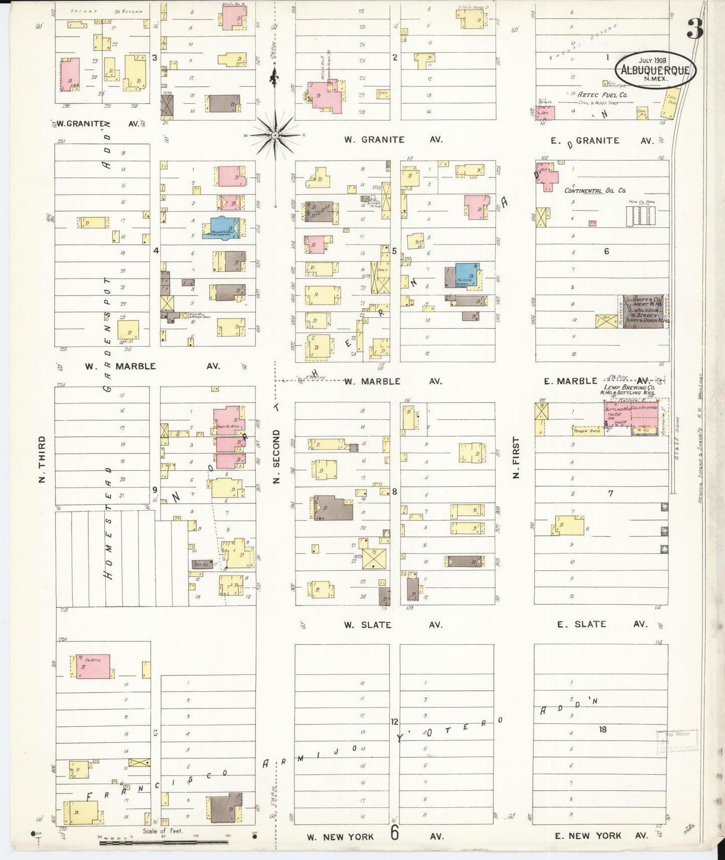 Sanborn Fire Insurance Map from Albuquerque, Bernalillo County, New Mexico (1908), Sheet #0003 - Historic Sanborn Fire Insurance Map Print, vintage old map wall art, antique decor, genealogy gift, New Mexico New Mexico map