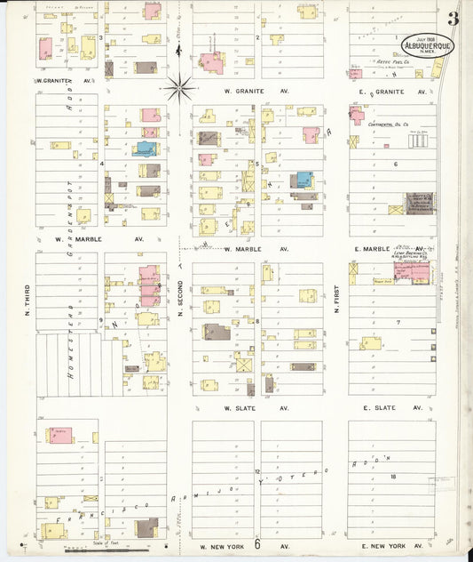 Sanborn Fire Insurance Map from Albuquerque, Bernalillo County, New Mexico (1908), Sheet #0003 - Historic Sanborn Fire Insurance Map Print, vintage old map wall art, antique decor, genealogy gift, New Mexico New Mexico map