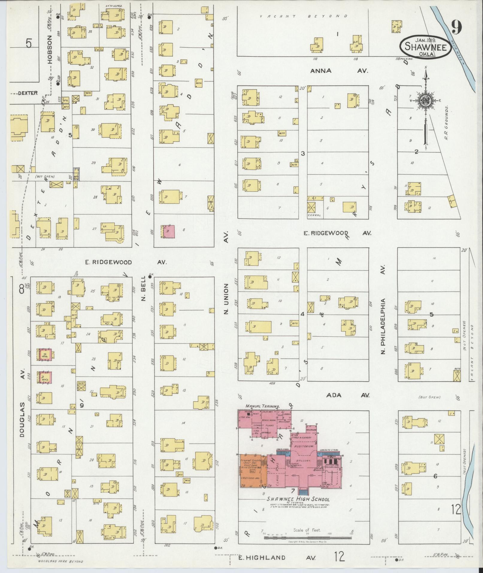 Sanborn Fire Insurance Map from Shawnee, Pottawatomie County, Oklahoma (1919), Sheet #0009 - Complete Map Set gallery image, historic Sanborn map, vintage wall art, Oklahoma Oklahoma