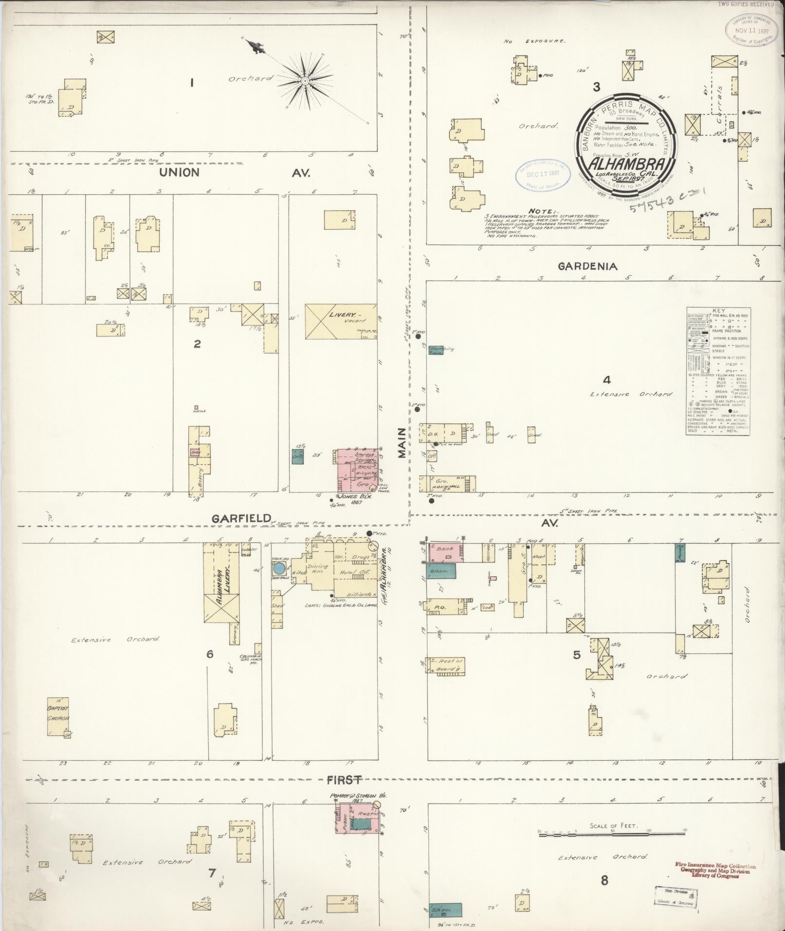 Sanborn Fire Insurance Map from Alhambra, Los Angeles County, California (1897), Sheet #0001 - Historic Sanborn Fire Insurance Map Print, vintage old map wall art, antique decor, genealogy gift, California California map
