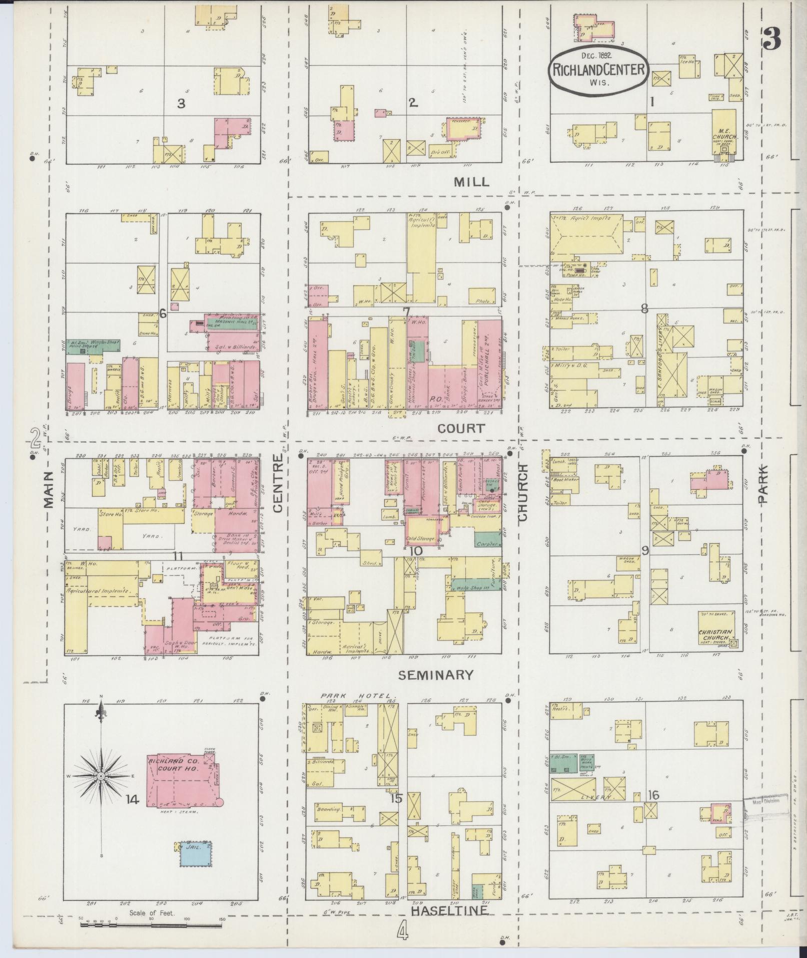 Sanborn Fire Insurance Map from Richland Center, Richland County, Wisconsin (1892), Sheet #0003 - Historic Sanborn Fire Insurance Map Print, vintage old map wall art, antique decor, genealogy gift, Wisconsin Wisconsin map