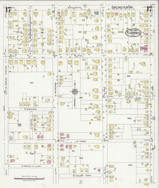 Sanborn Fire Insurance Map from Florence, Florence County, South Carolina (1924), Sheet #0017 - Historic Sanborn Fire Insurance Map Print, vintage old map wall art, antique decor, genealogy gift, South Carolina South Carolina map