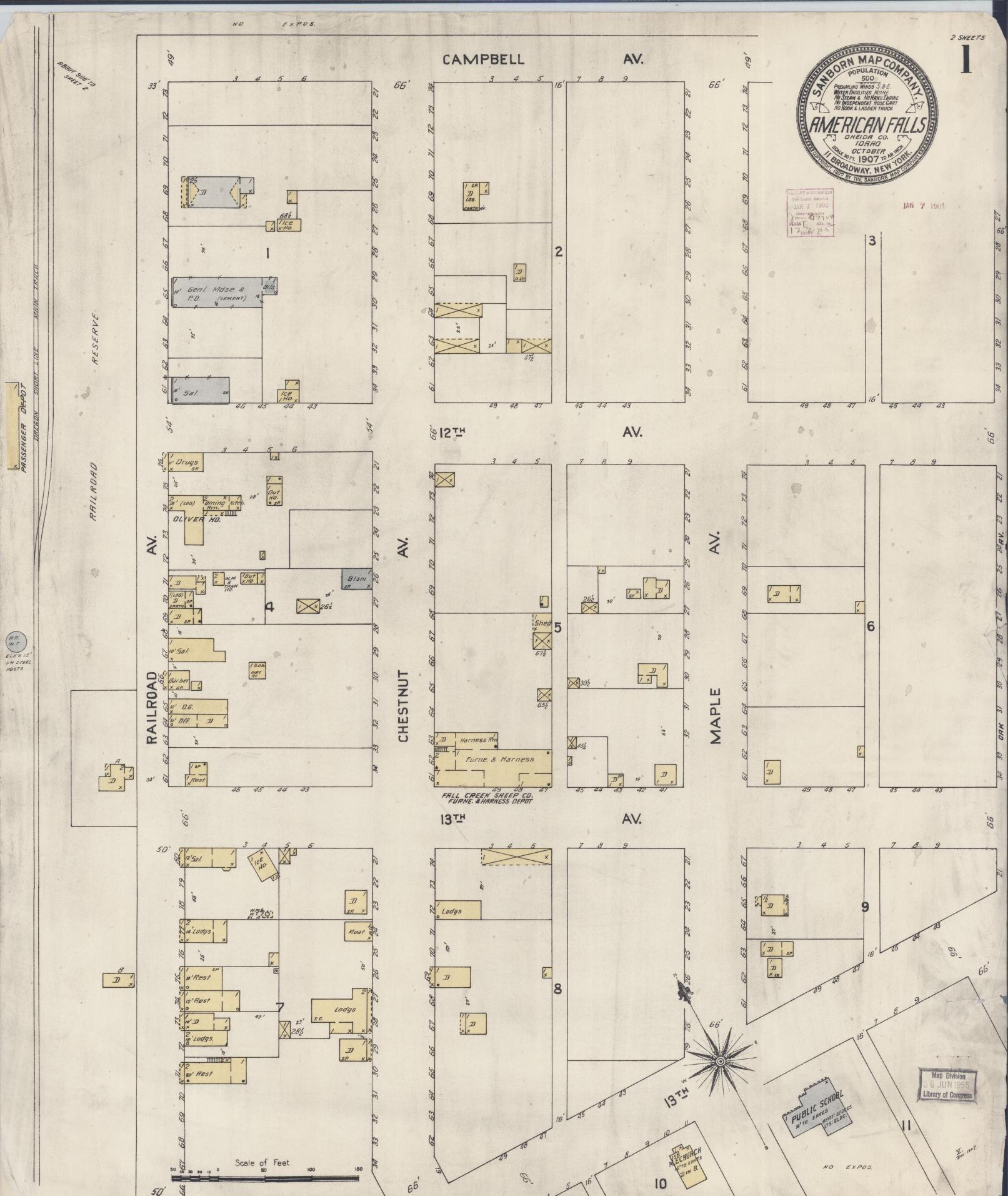 Sanborn Fire Insurance Map from American Falls, Power County, Idaho (1907), Sheet #0001 - Historic Sanborn Fire Insurance Map Print, vintage old map wall art, antique decor, genealogy gift, Idaho Idaho map