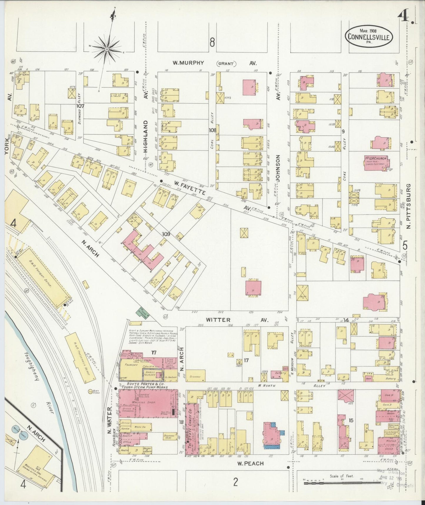Sanborn Fire Insurance Map from Connellsville, Fayette County, Pennsylvania (1908), Sheet #0004 - Historic Sanborn Fire Insurance Map Print, vintage old map wall art, antique decor, genealogy gift, Pennsylvania Pennsylvania map