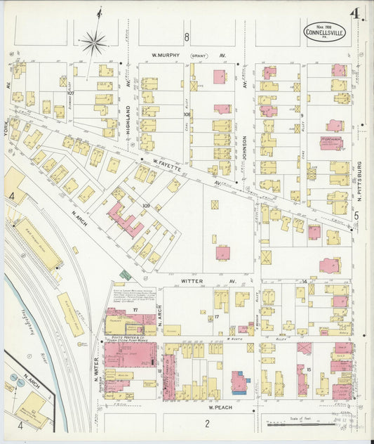 Sanborn Fire Insurance Map from Connellsville, Fayette County, Pennsylvania (1908), Sheet #0004 - Historic Sanborn Fire Insurance Map Print, vintage old map wall art, antique decor, genealogy gift, Pennsylvania Pennsylvania map